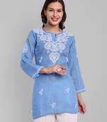 Hand embroidered pantone blue cotton lucknowi chikankari straight kurti