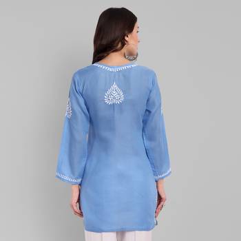 Hand embroidered pantone blue cotton lucknowi chikankari straight kurti 2