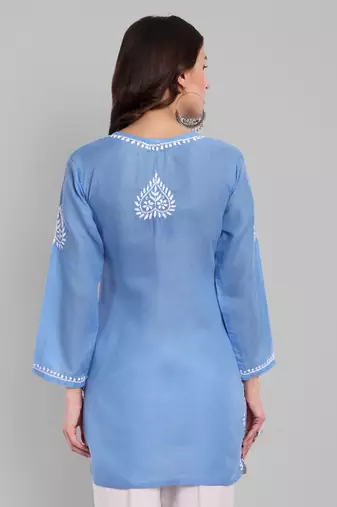 Hand embroidered pantone blue cotton lucknowi chikankari straight kurti