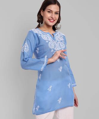 Hand embroidered pantone blue cotton lucknowi chikankari straight kurti 3