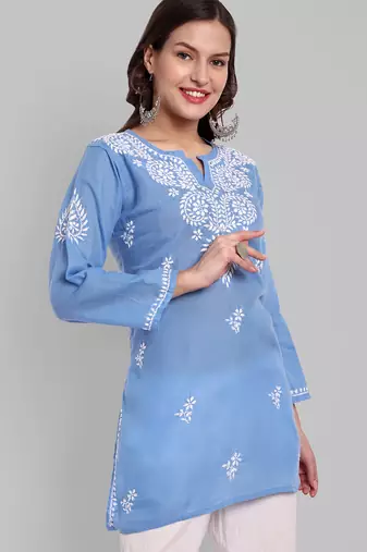 Hand embroidered pantone blue cotton lucknowi chikankari straight kurti