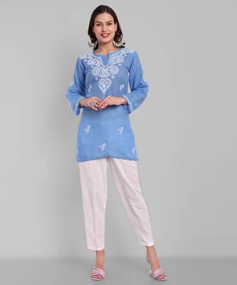 Hand embroidered pantone blue cotton lucknowi chikankari straight kurti 4
