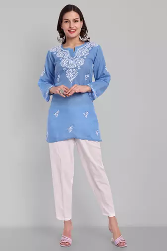 Hand embroidered pantone blue cotton lucknowi chikankari straight kurti