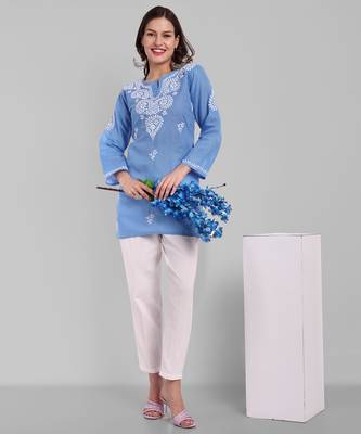 Hand embroidered pantone blue cotton lucknowi chikankari straight kurti 5
