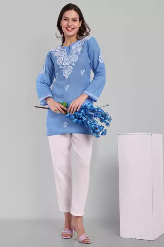 Hand embroidered pantone blue cotton lucknowi chikankari straight kurti