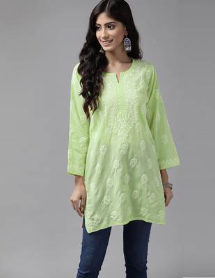 Hand embroidered tea green cotton lucknowi chikankari short kurti 1