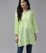 Hand embroidered tea green cotton lucknowi chikankari short kurti