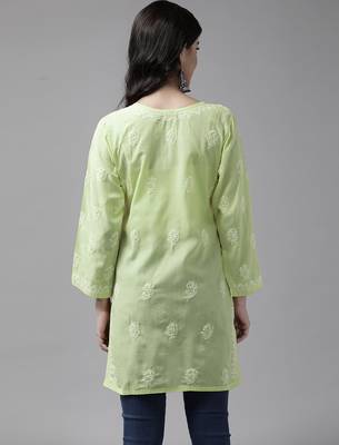 Hand embroidered tea green cotton lucknowi chikankari short kurti 2
