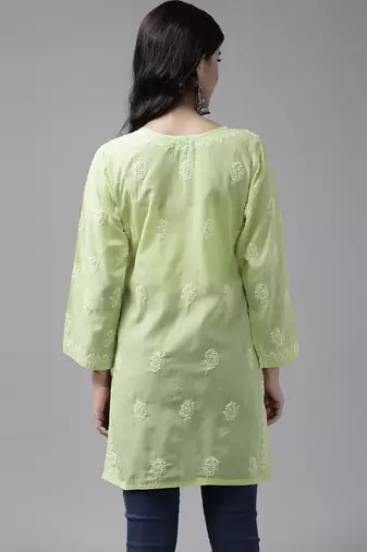 Hand embroidered tea green cotton lucknowi chikankari short kurti
