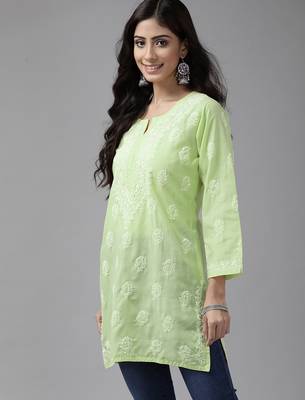 Hand embroidered tea green cotton lucknowi chikankari short kurti 3