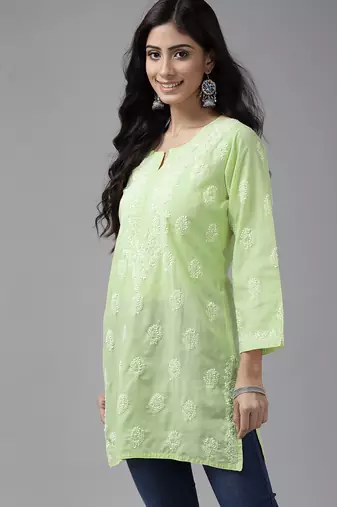 Hand embroidered tea green cotton lucknowi chikankari short kurti
