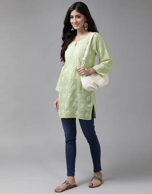 Hand embroidered tea green cotton lucknowi chikankari short kurti 4