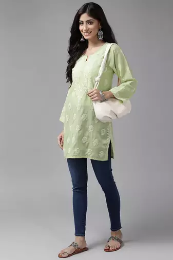Hand embroidered tea green cotton lucknowi chikankari short kurti