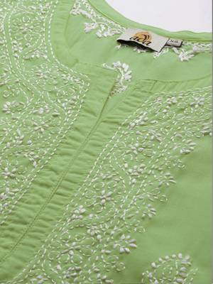 Hand embroidered tea green cotton lucknowi chikankari short kurti 5