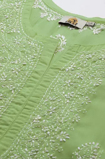 Hand embroidered tea green cotton lucknowi chikankari short kurti