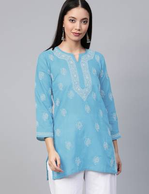 Hand embroidered sky blue cotton lucknowi chikankari short kurti 1