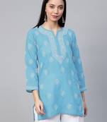 Hand embroidered sky blue cotton lucknowi chikankari short kurti