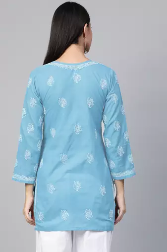 Hand embroidered sky blue cotton lucknowi chikankari short kurti