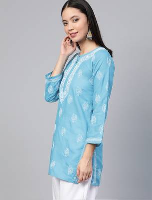 Hand embroidered sky blue cotton lucknowi chikankari short kurti 3