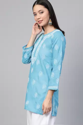 Hand embroidered sky blue cotton lucknowi chikankari short kurti
