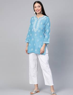 Hand embroidered sky blue cotton lucknowi chikankari short kurti 4