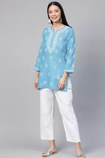 Hand embroidered sky blue cotton lucknowi chikankari short kurti