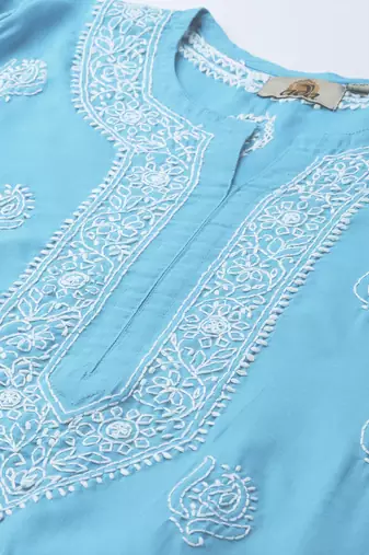 Hand embroidered sky blue cotton lucknowi chikankari short kurti