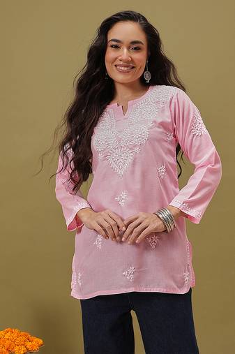 Hand embroidered pink cotton lucknowi chikankari kurti