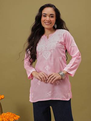 Hand embroidered pink cotton lucknowi chikankari kurti 1