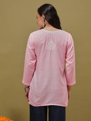 Hand embroidered pink cotton lucknowi chikankari kurti 2