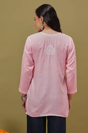 Hand embroidered pink cotton lucknowi chikankari kurti