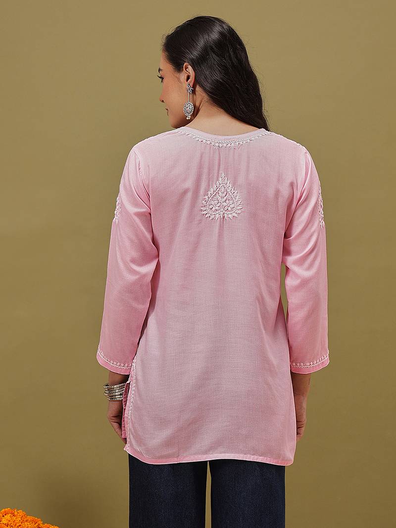Hand embroidered pink cotton lucknowi chikankari kurti