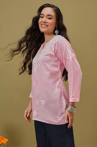 Hand embroidered pink cotton lucknowi chikankari kurti