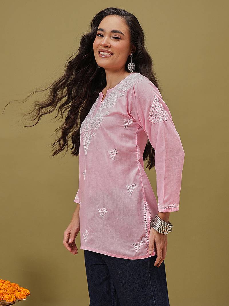 Hand embroidered pink cotton lucknowi chikankari kurti