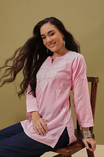 Hand embroidered pink cotton lucknowi chikankari kurti