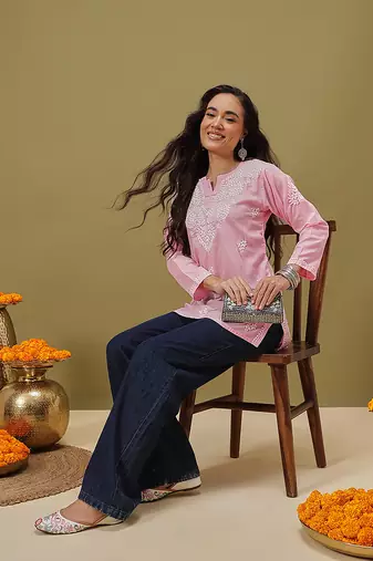 Hand embroidered pink cotton lucknowi chikankari kurti