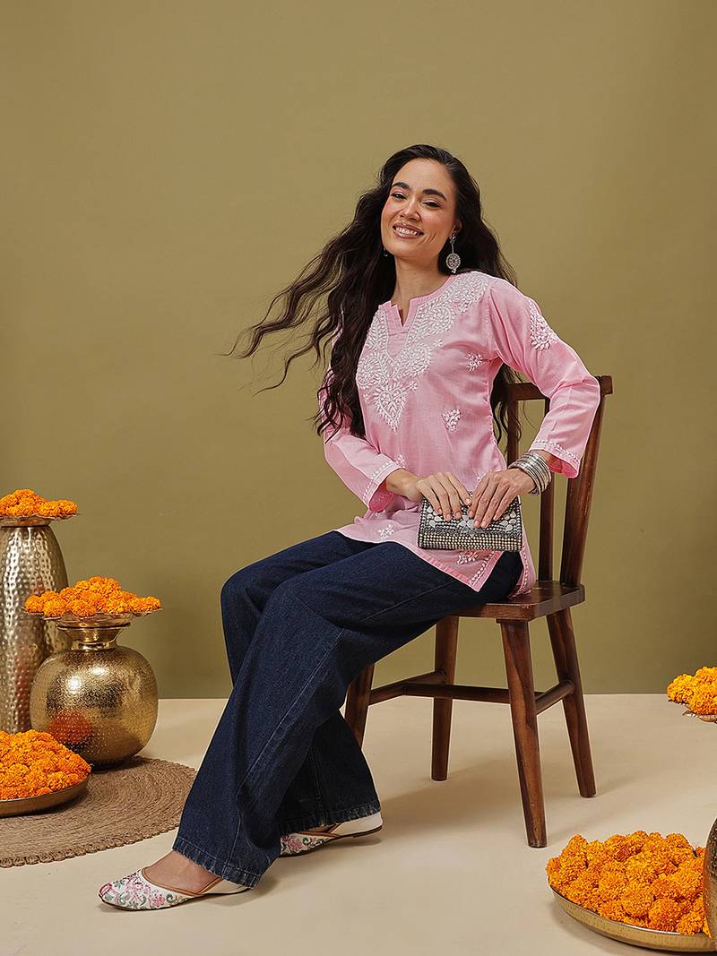 Hand embroidered pink cotton lucknowi chikankari kurti