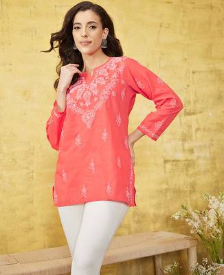 Hand embroidered carrot pink cotton lucknow chikan kurti 1