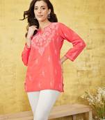 Hand embroidered carrot pink cotton lucknow chikan kurti