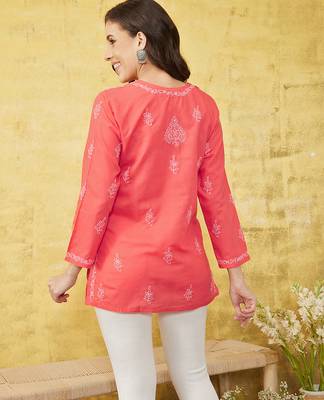 Hand embroidered carrot pink cotton lucknow chikan kurti 2