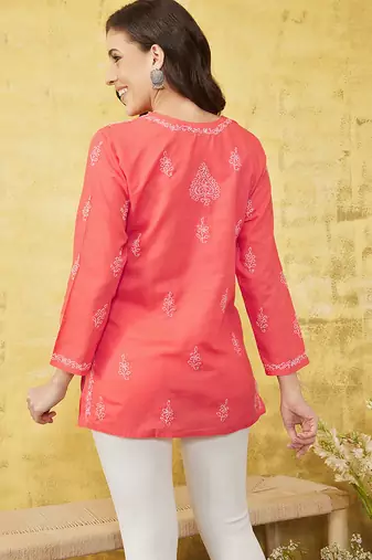 Hand embroidered carrot pink cotton lucknow chikan kurti