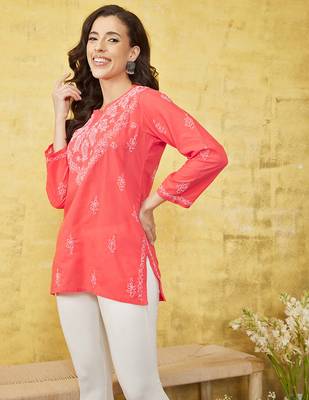 Hand embroidered carrot pink cotton lucknow chikan kurti 4