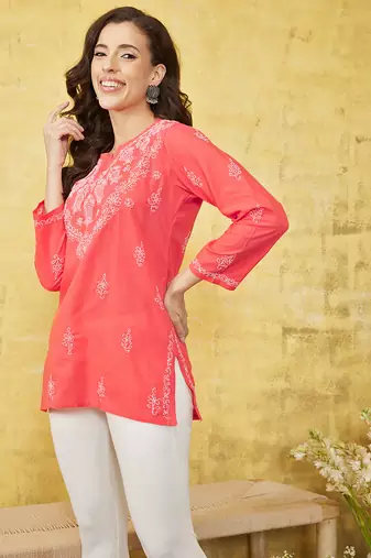 Hand embroidered carrot pink cotton lucknow chikan kurti