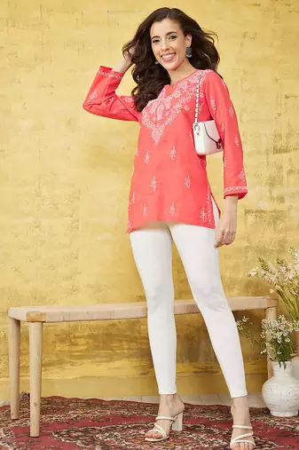 Hand embroidered carrot pink cotton lucknow chikan kurti
