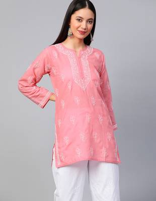 Hand embroidered peach cotton lucknowi chikankari short kurti 1