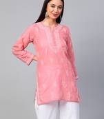 Hand embroidered peach cotton lucknowi chikankari short kurti