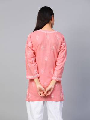 Hand embroidered peach cotton lucknowi chikankari short kurti 2