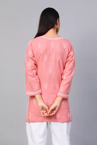 Hand embroidered peach cotton lucknowi chikankari short kurti