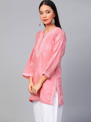Hand embroidered peach cotton lucknowi chikankari short kurti 3