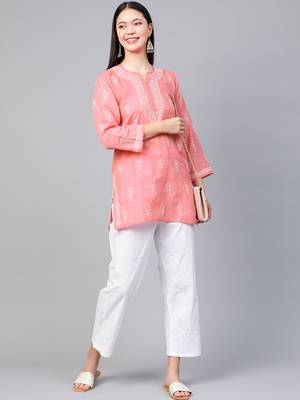 Hand embroidered peach cotton lucknowi chikankari short kurti 4